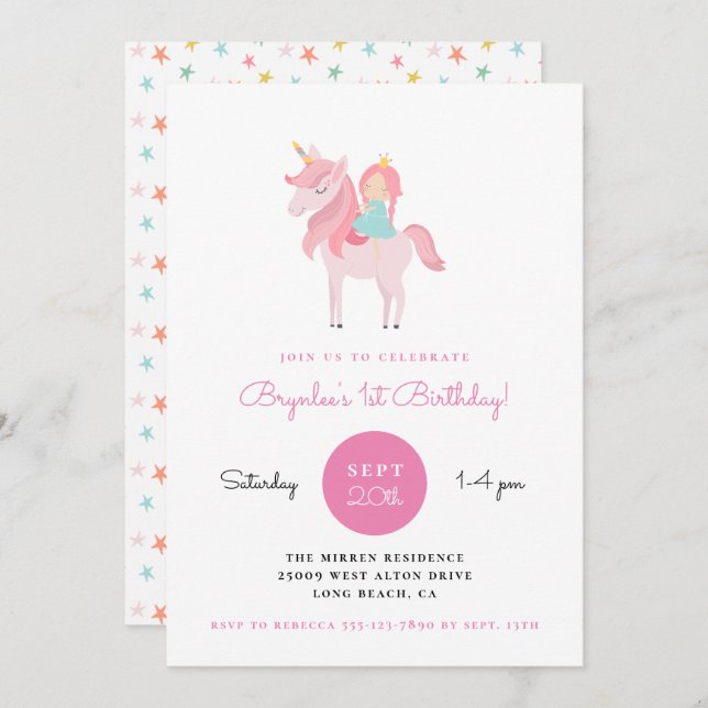 Invitation Unicorn rose Princesse Anniversaire (Devant / Derrière)