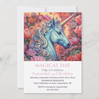 Invitation Unicorn rose Roses Party 3ème anniversaire Invitat
