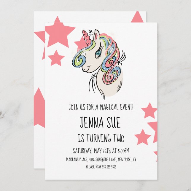 Invitation Unicorn Rose Stars Main Drathday Party (Devant / Derrière)