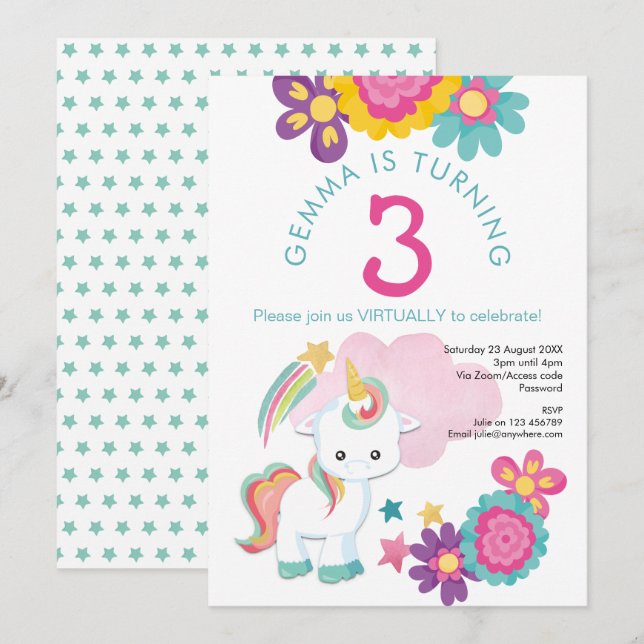 Invitation Unicorn rose Turquoise fille 3ème fête virtuelle d (Devant / Derrière)