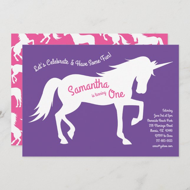 Invitation Unicorn Silhouette 1ère fête d'anniversaire Filles (Devant / Derrière)