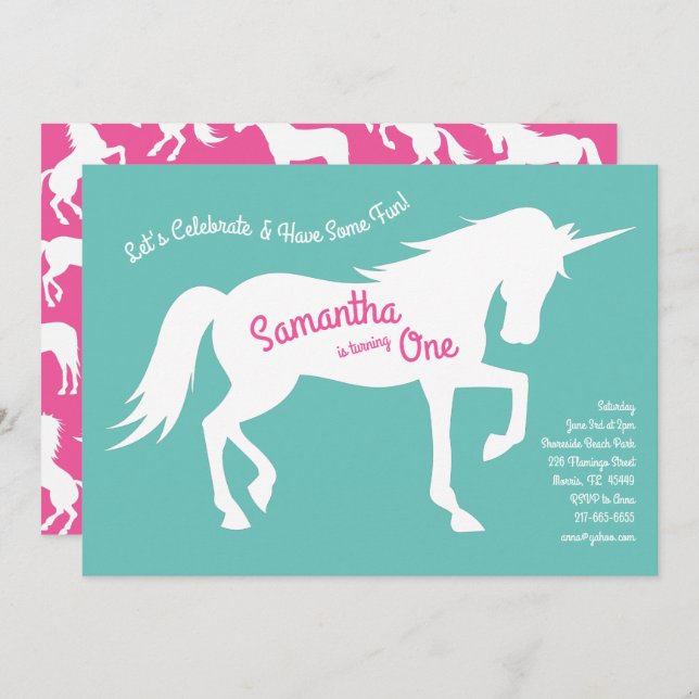 Invitation Unicorn Silhouette 1ère fête d'anniversaire Filles (Devant / Derrière)