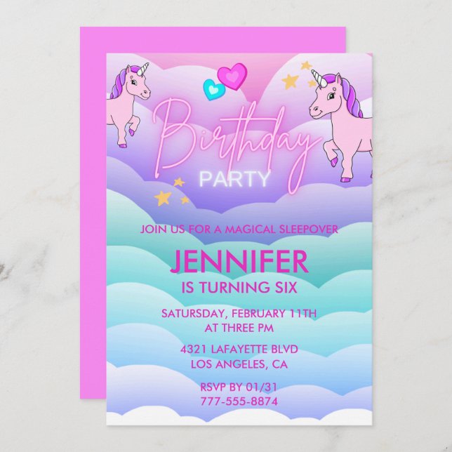 Invitation Unicorn Sleepover 6e Anniversaire rose (Devant / Derrière)
