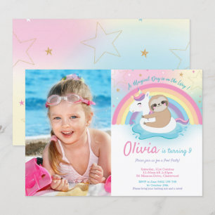 Invitation Unicorn Sloth Pool Party Birthday Girl Photo