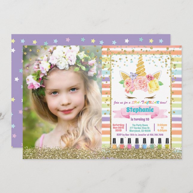 Invitation Unicorn spa fête fille anniversaire pastel photo (Devant / Derrière)