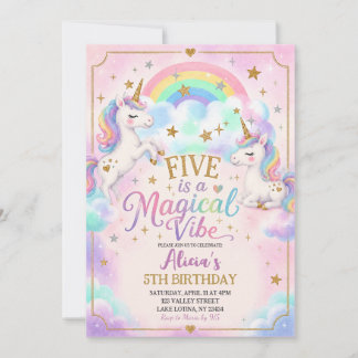 Invitation Unicorn Thème Five est un 5ème Anniversaire Magiqu