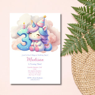 Invitation Unicorn Troisième 3ème fille rose bleu pourpre Ann