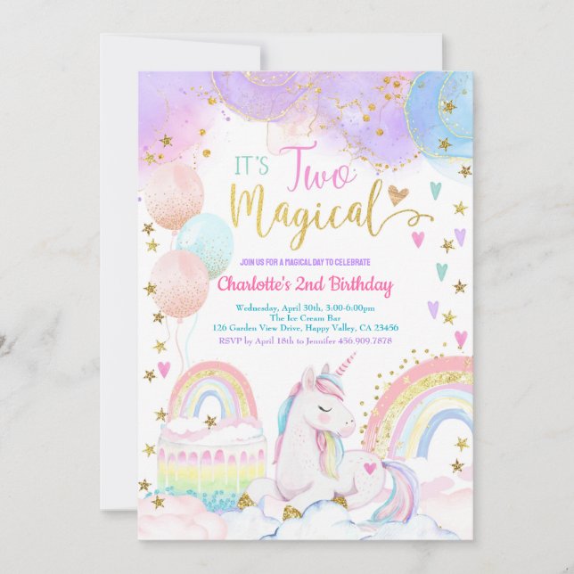 Invitation Unicorn Two Magical 2nd Birthday Party Pastel (Devant)