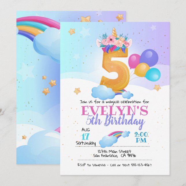 Invitation Unicorn, Unicorn 5e anniversaire (Devant / Derrière)
