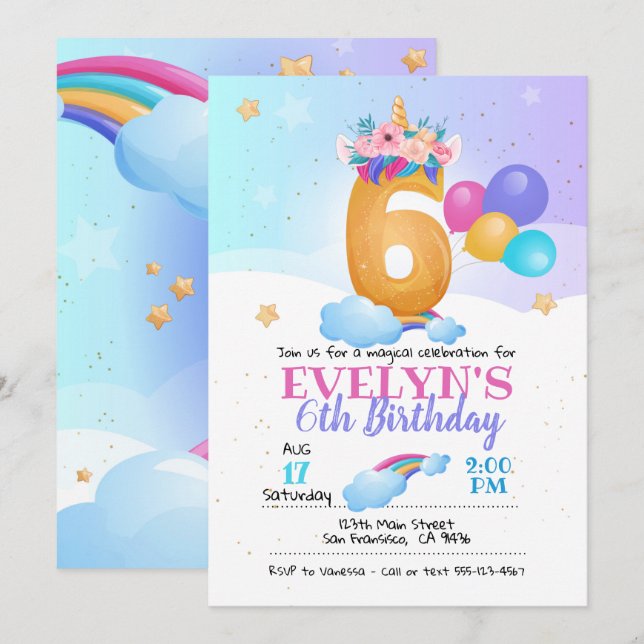 Invitation Unicorn, Unicorn 6e anniversaire (Devant / Derrière)