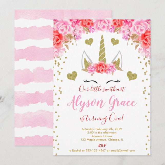 Invitation Unicorn Valentines jour anniversaire rose or rouge (Devant / Derrière)