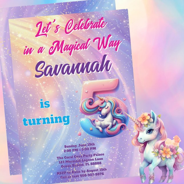 Invitation Unicorn Whimsical Pastel Rainbow 5e anniversaire (Magical Unicorn Birthday Party Invitation)