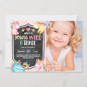 Invitation Unicorn Young Wild & Three Birthday Party Photo