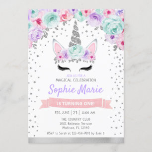 Invitation Unicorne 1er anniversaire - Argent violet rose Tur