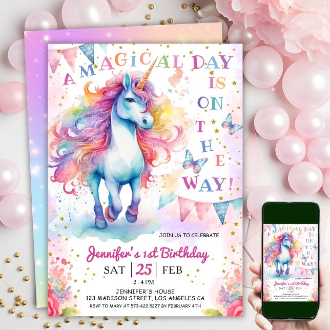 Invitation Unicorne 1er anniversaire Fairy Floral Arc en ciel (#UnicornBirthdayInvitation #UnicornBirthdayInvitationTemplate #UnicornBirthdayInvitationEditable 
)