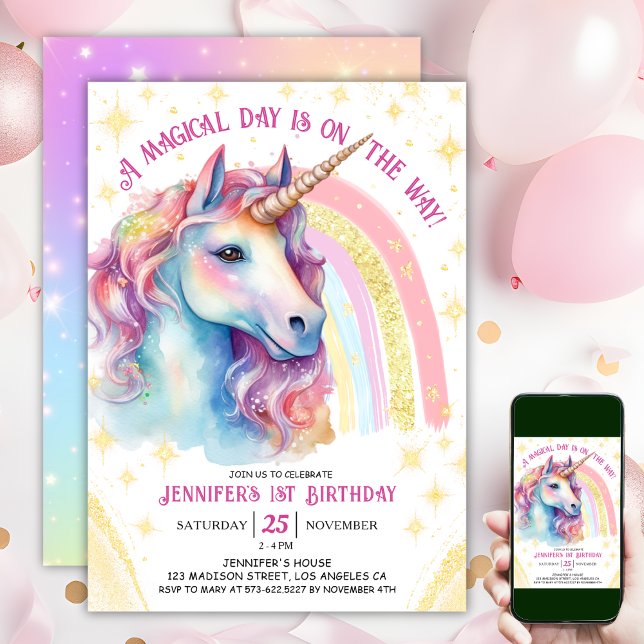 Invitation Unicorne 1er anniversaire Gold Pink Magique Arc-en (#UnicornBirthdayInvitation #UnicornBirthdayInvitationTemplate #UnicornBirthdayInvitationEditable)