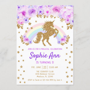 Invitation Unicorne 1er anniversaire - Gold Purple