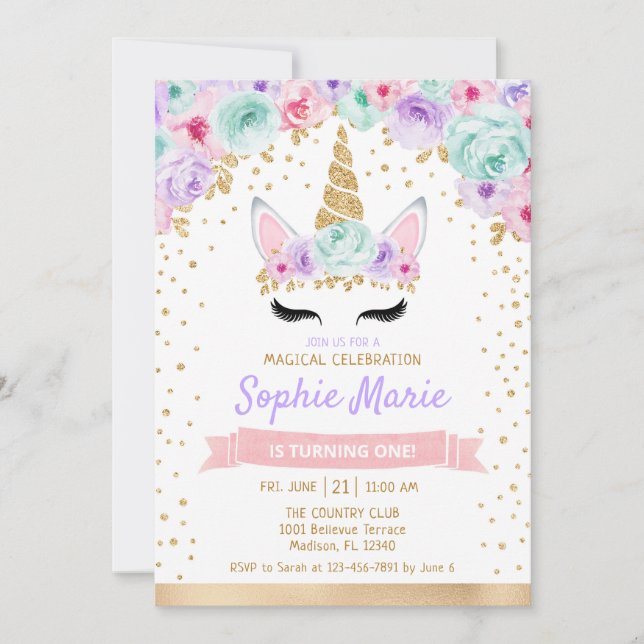 Invitation Unicorne 1er anniversaire - Gold Turquoise rose po (Devant)