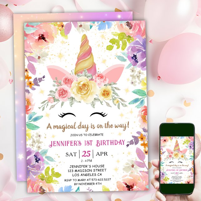 Invitation Unicorne 1er anniversaire Rose Girl Floral Rainbow (#UnicornBirthdayInvitation #UnicornBirthdayInvitationTemplate #UnicornBirthdayInvitationEditable
)