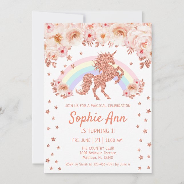 Invitation Unicorne 1er anniversaire - Rose Gold Pink (Devant)