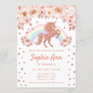 Invitation Unicorne 1er anniversaire - Rose Gold Pink