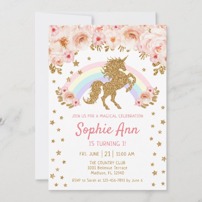 Invitation Unicorne 1er anniversaire - Rose or (Devant)