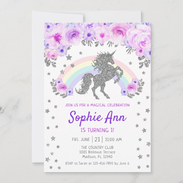 Invitation Unicorne 1er anniversaire - Silver Purple (Devant)