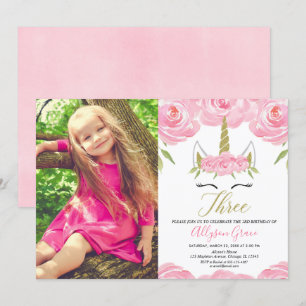 Invitation Unicorne 3e anniversaire rose or photo
