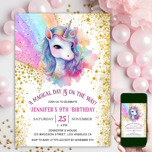 Invitation Unicorne 9e anniversaire | Arc-en-ciel Parties sci (#UnicornBirthdayInvitation #UnicornBirthdayInvitationTemplate #UnicornBirthdayInvitationEditable 
)