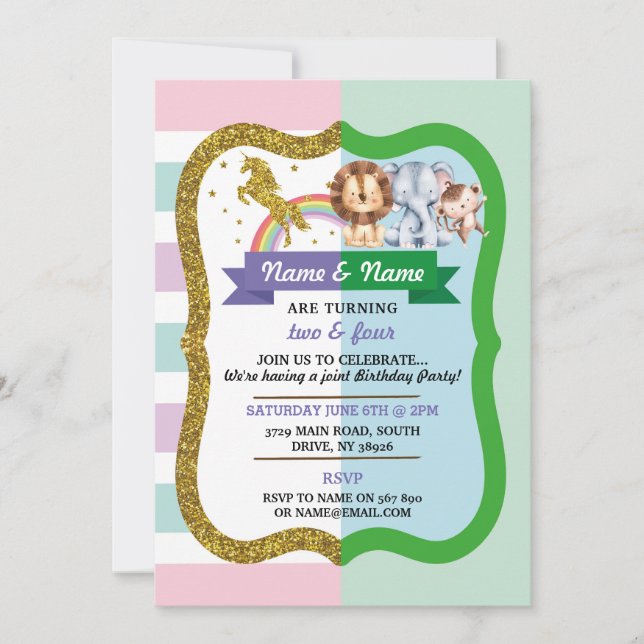 Invitation Unicorne & Animaux Joint 2 Enfants Anniversaire (Devant)