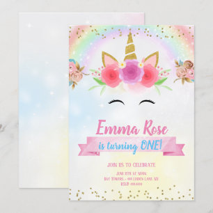 Invitation Unicorne Anniversaire Parties scintillant d'or de