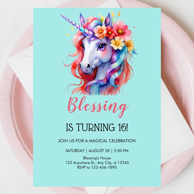 Invitation Unicorne anniversaire rose belle floral (Créateur téléchargé)