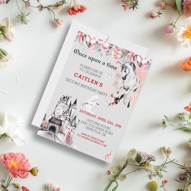 Invitation Unicorne aquarelle FairyTale Castle Rouge Rose (Créateur téléchargé)