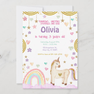 Invitation Unicorne Arc-en-ciel rose or étincelles Anniversai