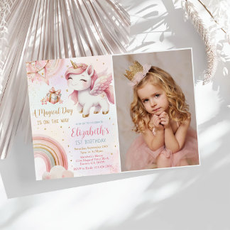 Invitation Unicorne Arc-en-ciel rose or Pastel Photo Annivers