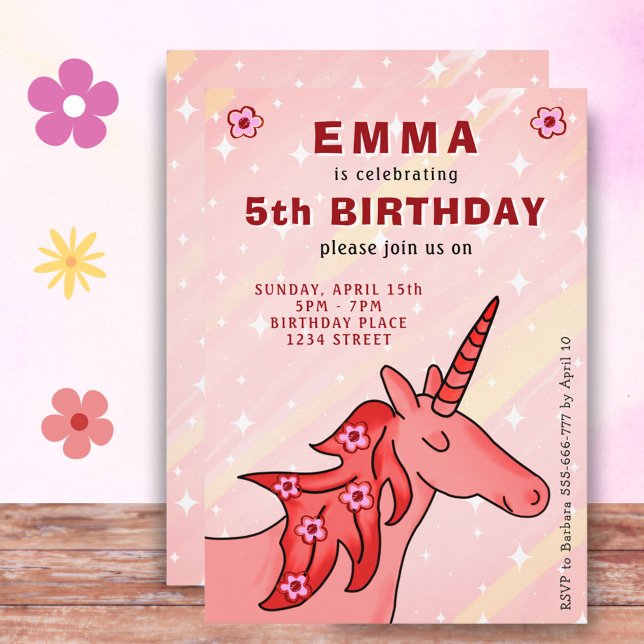 Invitation Unicorne avec Fleurs Fête d'anniversaire de la fil (Créateur téléchargé)