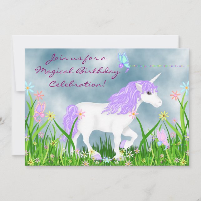 Invitation Unicorne blanche et violette avec papillons Annive (Devant)