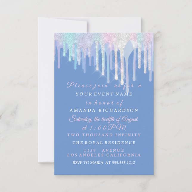 Invitation Unicorne bleu rose Quinceanera, gouttes holographi (Devant)