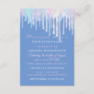 Invitation Unicorne bleu rose Quinceanera, gouttes holographi
