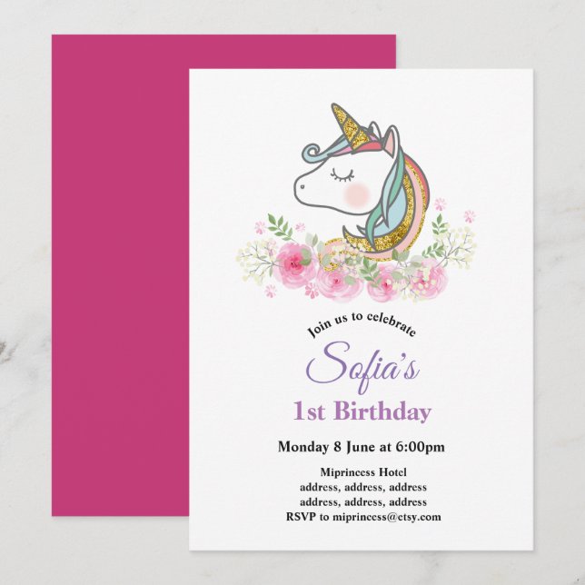 Invitation unicorne, boho, fête d'anniversaire fleurie (Devant / Derrière)