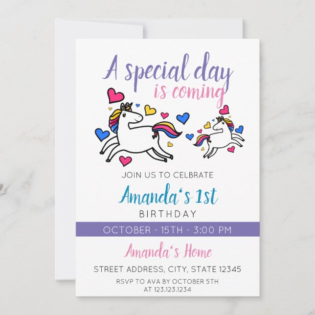 Invitation Unicorne couleur mignonne 1er anniversaire (Devant)