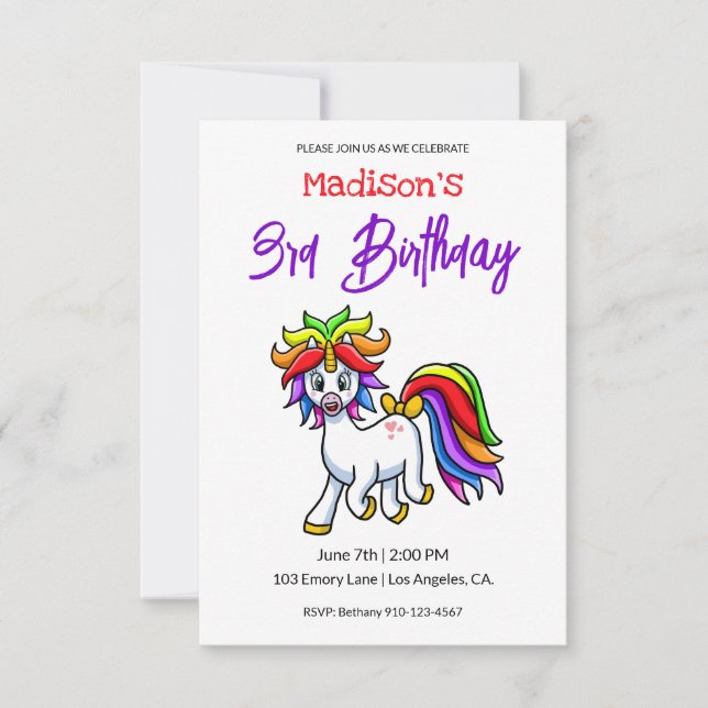 Invitation Unicorne couleur mignonne Anniversaire (Devant)