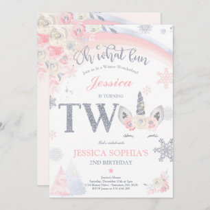 Invitation Unicorne d'hiver 2e anniversaire Pink & Silver Uni