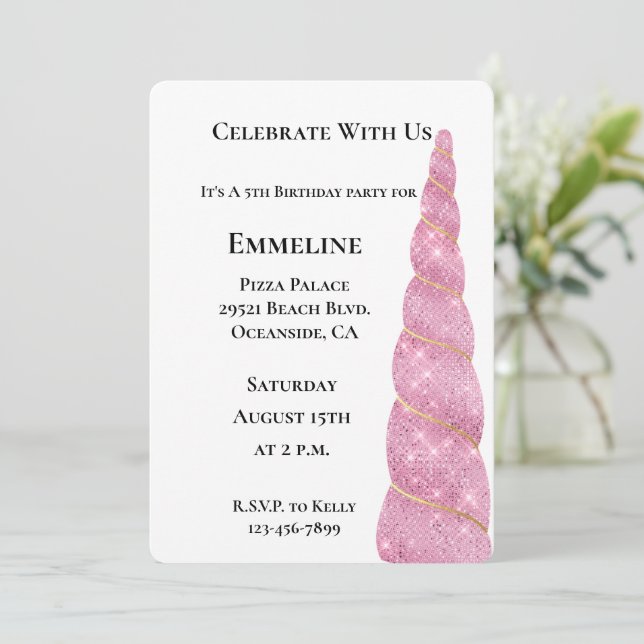 Invitation Unicorne d'or rose blanc Anniversaire (Debout devant)
