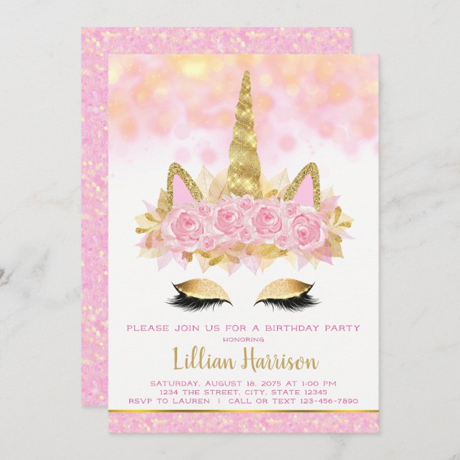 Invitation Unicorne d'or rose fête d'anniversaire (Devant / Derrière)