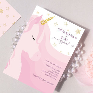 Invitation Unicorne d'or rose magique 2e anniversaire