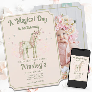 Invitation Unicorne enchantée Photo personnalisée Pink Annive