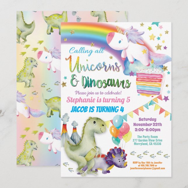 Invitation Unicorne et dinosaure joint anniversaire garçon et (Devant / Derrière)