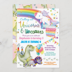 Invitation Unicorne et dinosaure joint anniversaire garçon et