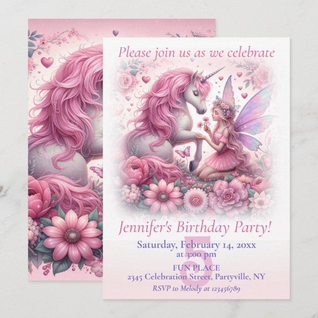 Invitation Unicorne et Fairy Birthday Party (Devant / Derrière)